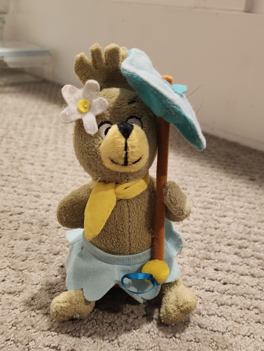 Vintage HANNA- BARBERA Plush bear Toy with Blue Parasol and Yellow Scarf
